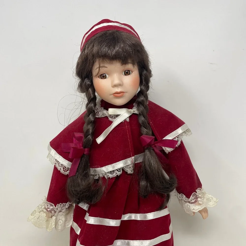 Classique Collection Porcelain Doll 16 inch Burgundy Velvet Dress Lace LAU 247A